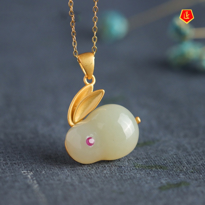 [Ready Stock]Natural Jade Ring Gold Inlaid Chalcedony Bunny Necklace Suit