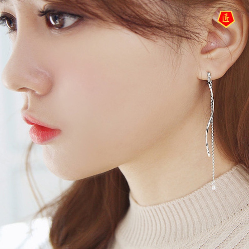 [Ready Stock]Women's Long Sweet Elegance Silver Wavy Tassel Earrings