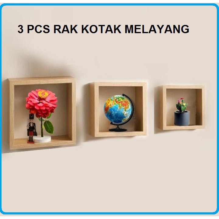 Satu Set isi 3 Pcs Rak kayu kotak nempel dinding minimalis serbaguna