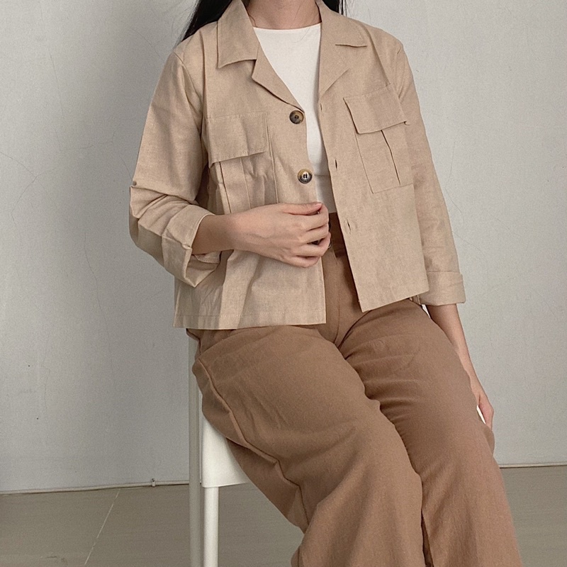 SIVALI Claryn Outer Linen Crop Version - Kemeja Linen - Atasan Wanita | Kardigan Saku 2289