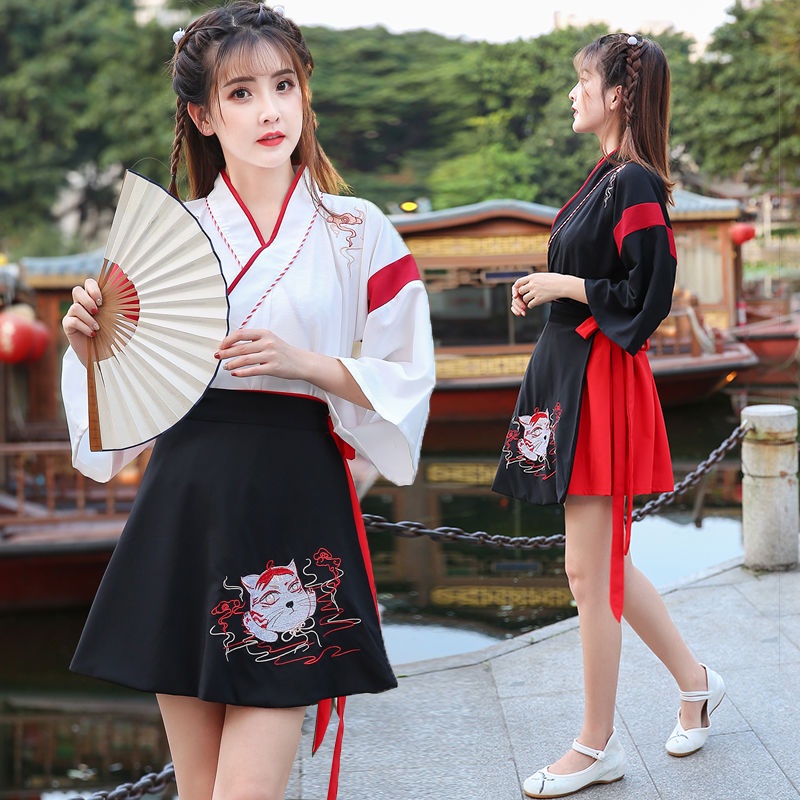 Improved Hanfu female student costume cat and cross collar suit lingmao two-piece embroidery everyda