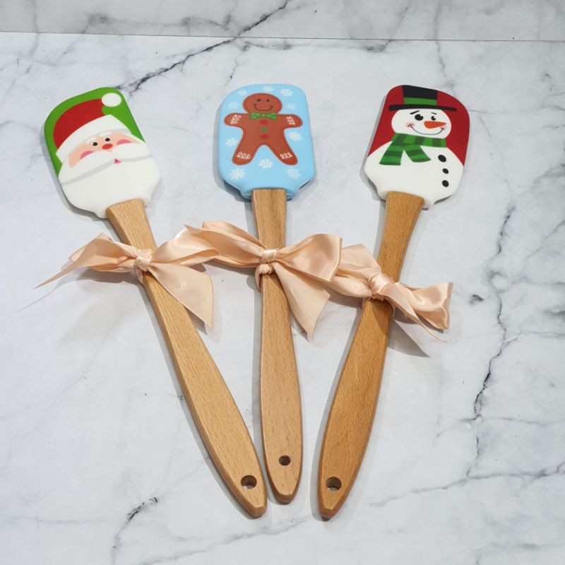 wooden xmas character silicone spatula / spatula gagang kayu gambar natal