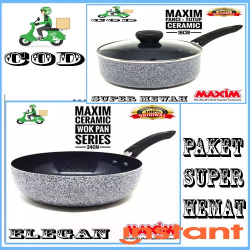 PROMO ISI 2PCS MAXIM Deep Wok Pan Keramik Tanpa Minyak 24cm+16 SAUCEPAN | Wajan Anti Gores | Penggorengan Anti Lengket