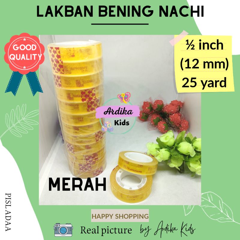 

Isolasi Kecil Lakban Nachi Bening ½ inch 12 mm 25 yard Good Quality Daya Rekat Kuat Bahan Tebal