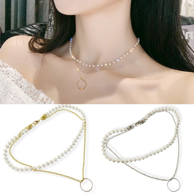 FerenHongXia Kalung Multilayer Korea Mutiara Liontin O Ring Double Layer Dua Lapis