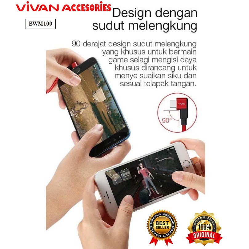 Vivan BWM100 2.4A 1M Micro USB 90° Data Cable Design for Android Red