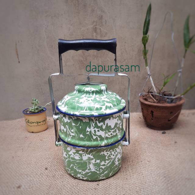Rantang Enamel Lurik 2 Susun diameter 14cm Lawas Vintage