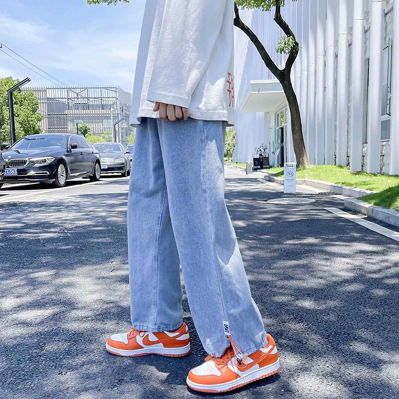 Celana Jeans Kaki Lebar Pria Longgar Pinggang Lurus Kaki