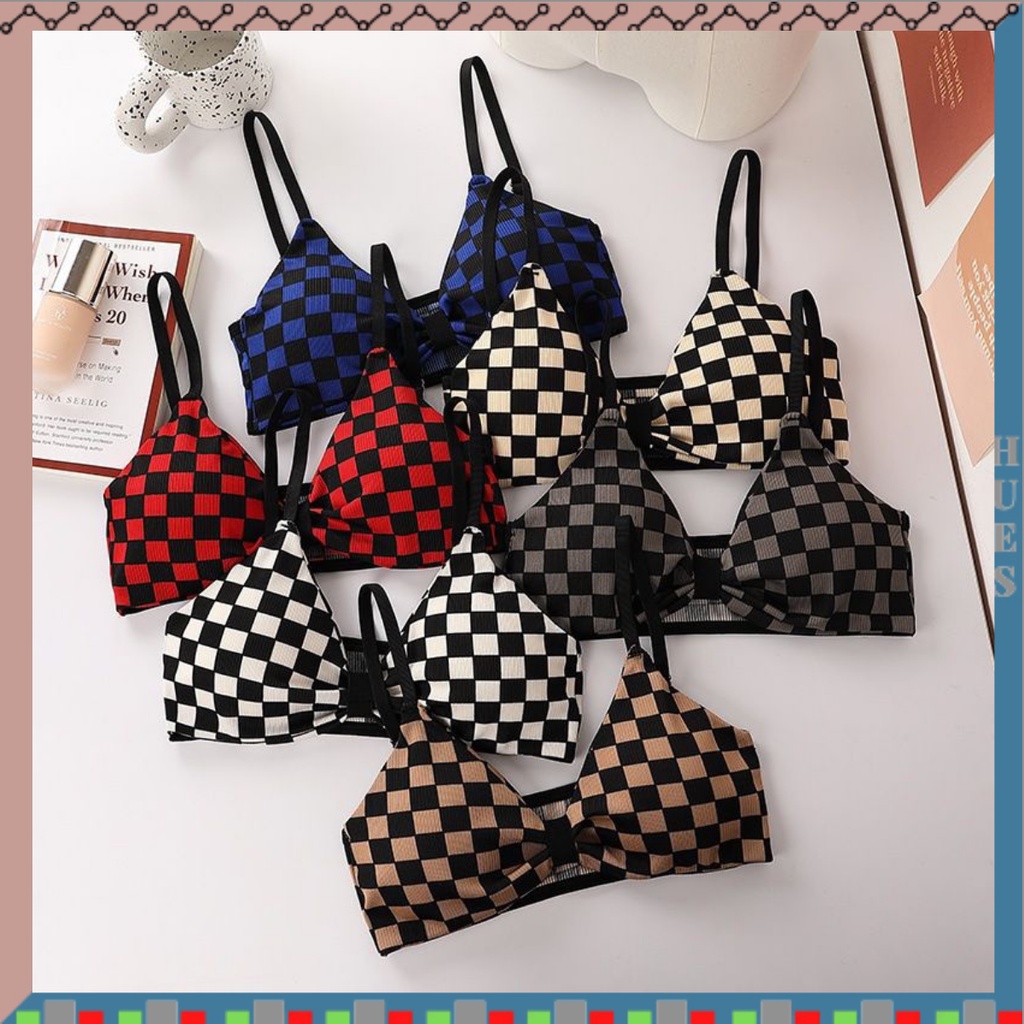HUES.ID Bra Tanpa Kawai Pakaian Dalam Wanita Import Motif Catur Push Up 1088