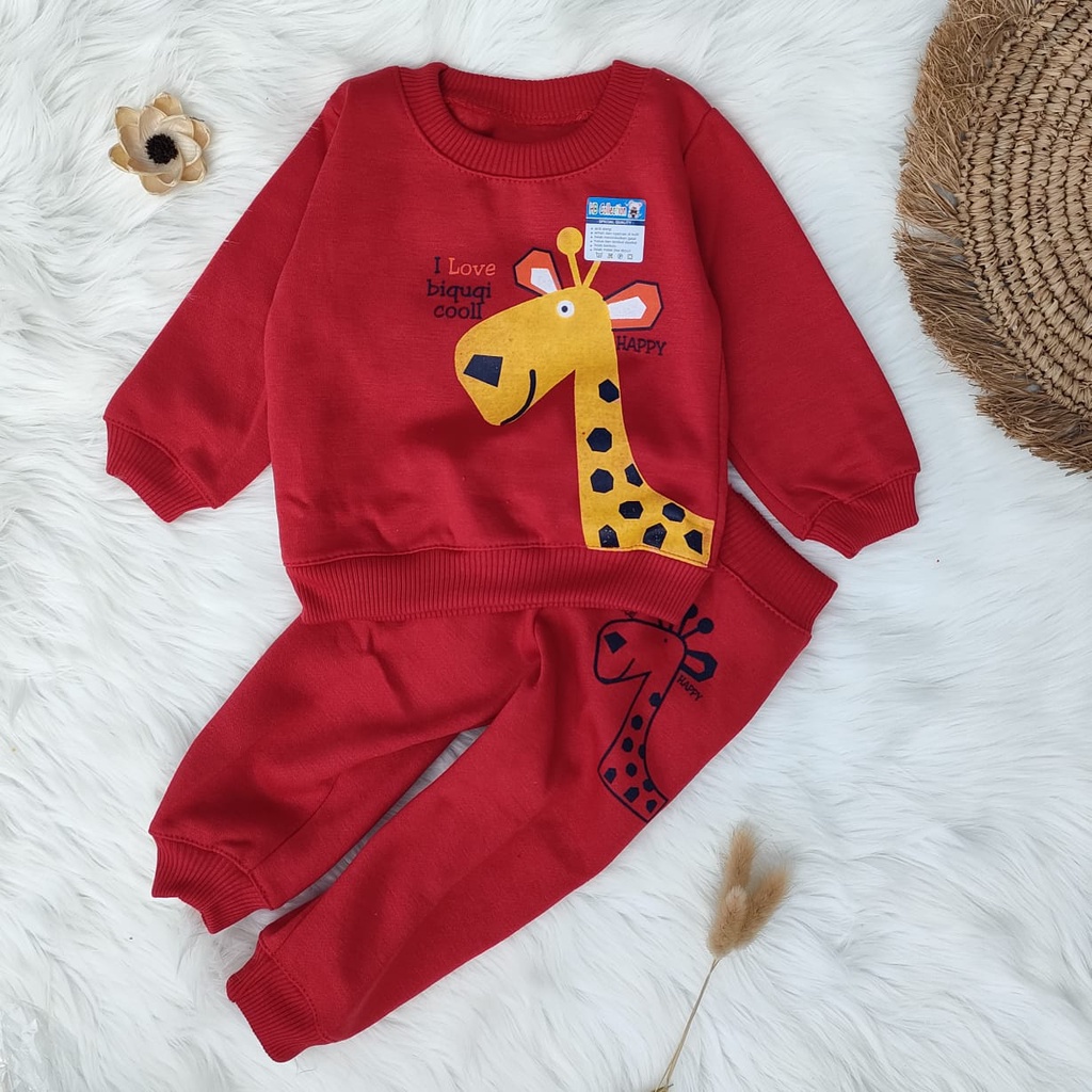 Setelan sweater bayi murah motif jerapah / Setelan bayi murah / Baju hangat bayi fleece tebal