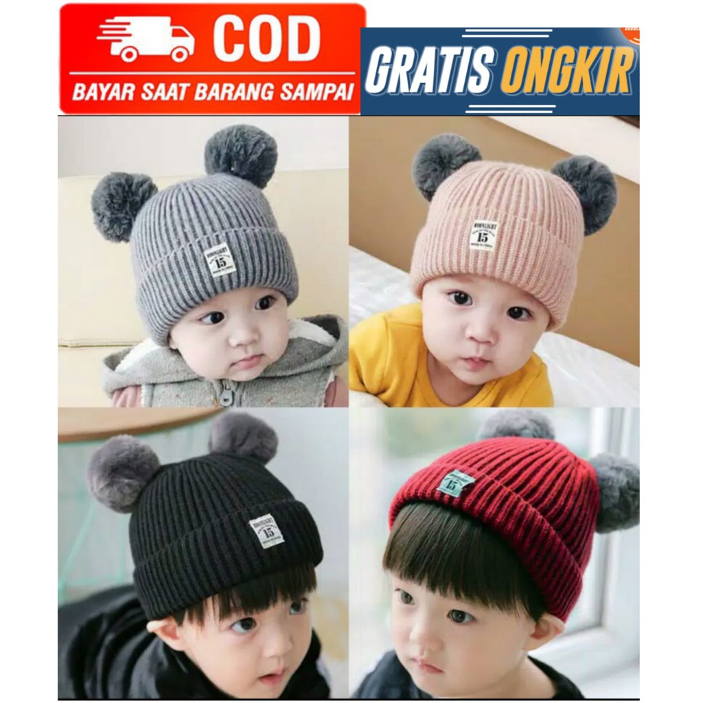 TOPI KUPLUK BAYI POM POM WOOL RAJUT 0-3 TAHUN