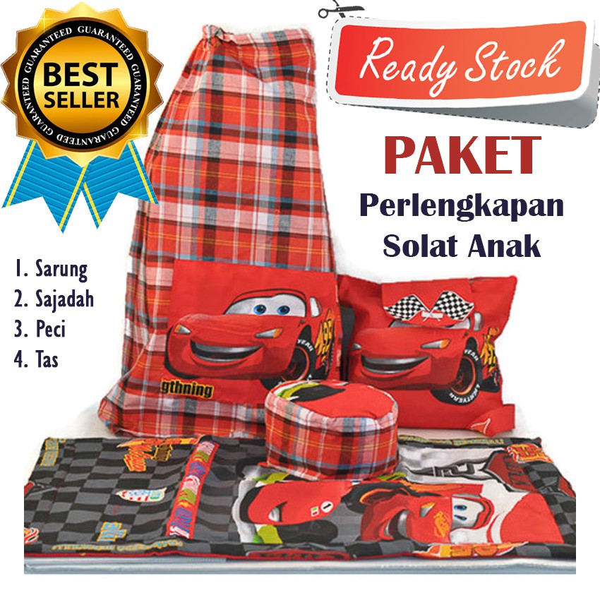 Sarung Anak Instan 4 in 1 Cars Set Perlengkapan Solat Anak Laki-Laki Cowok Sarung Peci Sajadah Tas