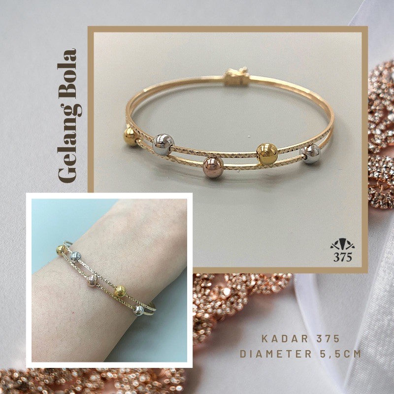GELANG BOLA KOMBINASI 3 WARNA SIMPLE EMAS ASLI KADAR 375