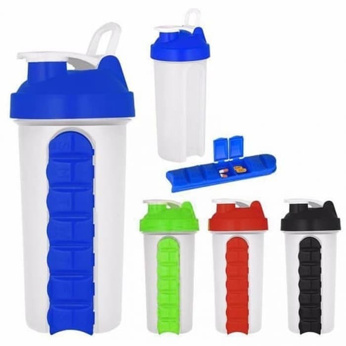 H6188 Botol Minum Shaker + Kotak Pill Obat Vitamin 600ml Gym Tumbler H-6188