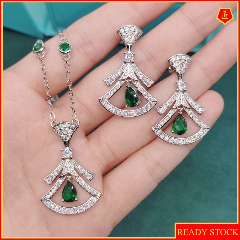 [Ready Stock]Women's High-Grade Emerald Necklace Set Ear Studs