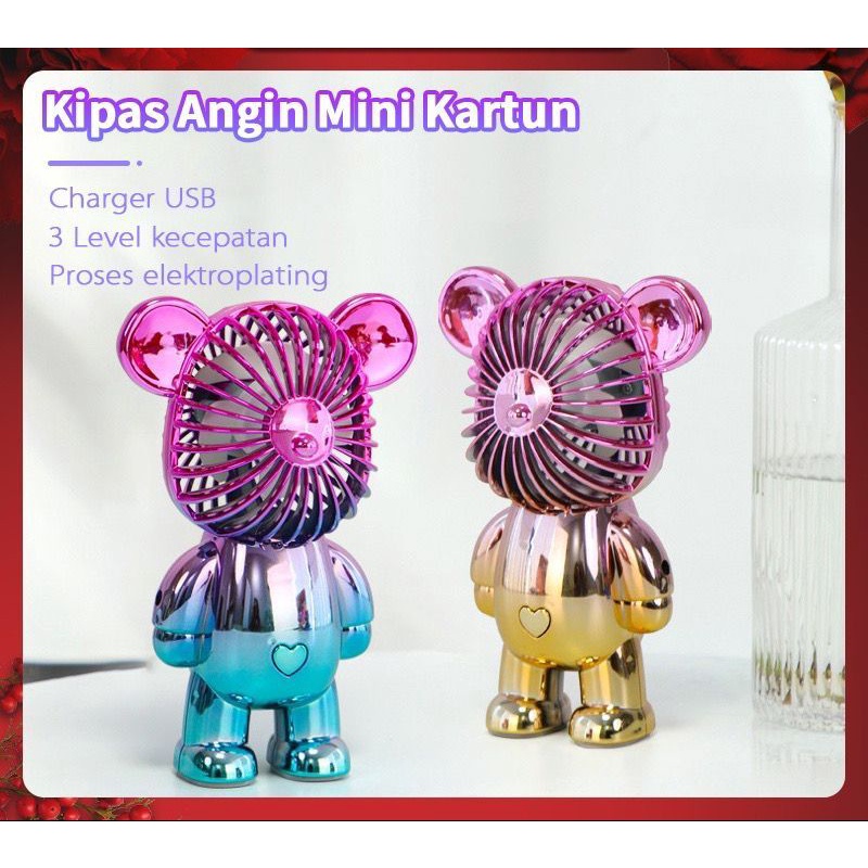 ￼Kipas Angin Mini Portable Karakter Bearbrick Meja USB Cas 3 Pengaturan Kecepatan Bentuk Beruang Alas Anti Selip Bagian Bawah BONEKA