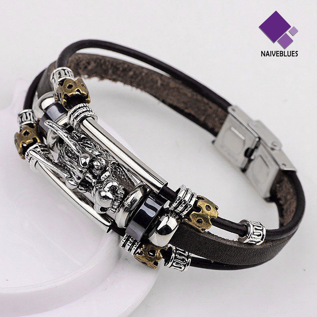 Naiveblue Gelang Tangan Kulit Imitasi Banyak Lapis Aksen Kepala Naga Vintage Punk Untuk Pria