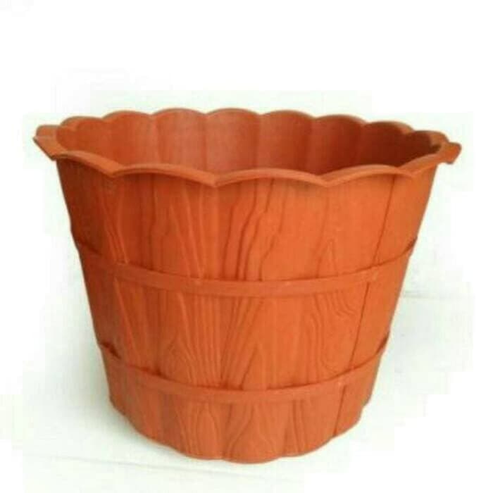 Pot tanaman motif kayu warna merah bata - Pot bunga 25 cm