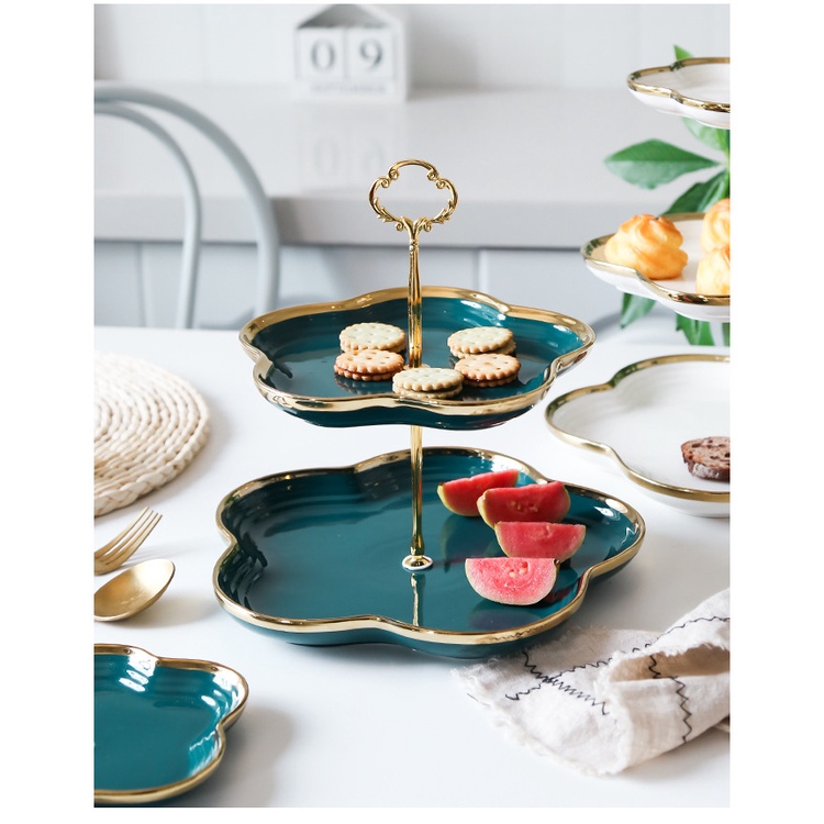 Mi.more Piring Kue Berbentuk Bunga Double/Triple Layer Berbahan Dasar Keramik Warna Puith/Hijau Gold List