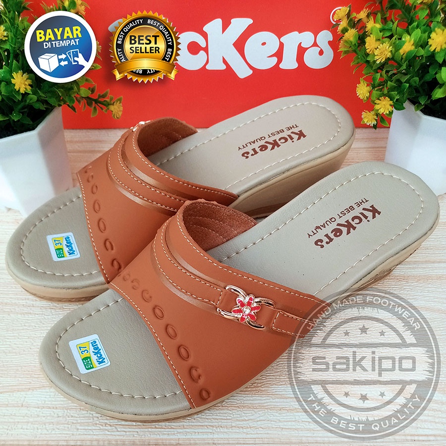 HUJAN PROMO 7.7 !! SANDAL WANITA DEWASA WEDGES SLOP MURAH TRENDI NYAMAN DIPAKAI / SAKIPO-Tan