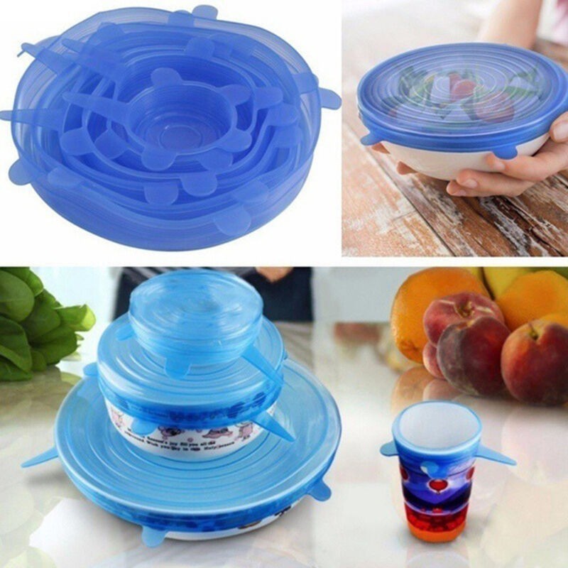 PLASTIK MANGKOK - MICROWAVE / KITCHEN REUSABLE SILICONE WRAP MICROWAVE BOWL SEAL COVER BLUE 6PCS