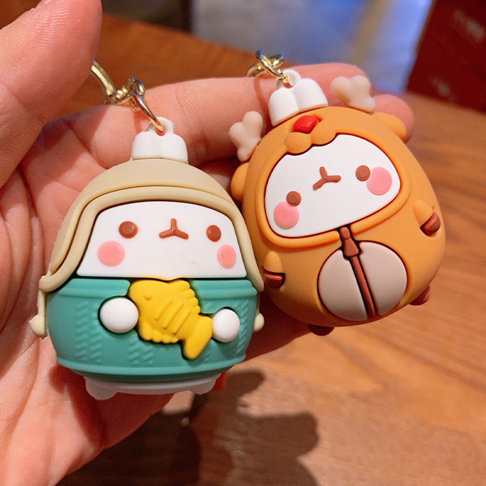 Needway  Fashion Jewelry PVC Key Ring Rubber Bag Molang Rabbit Keychains Women Lovers New Cute Car Charm Cartoon Pendant/Multicolor