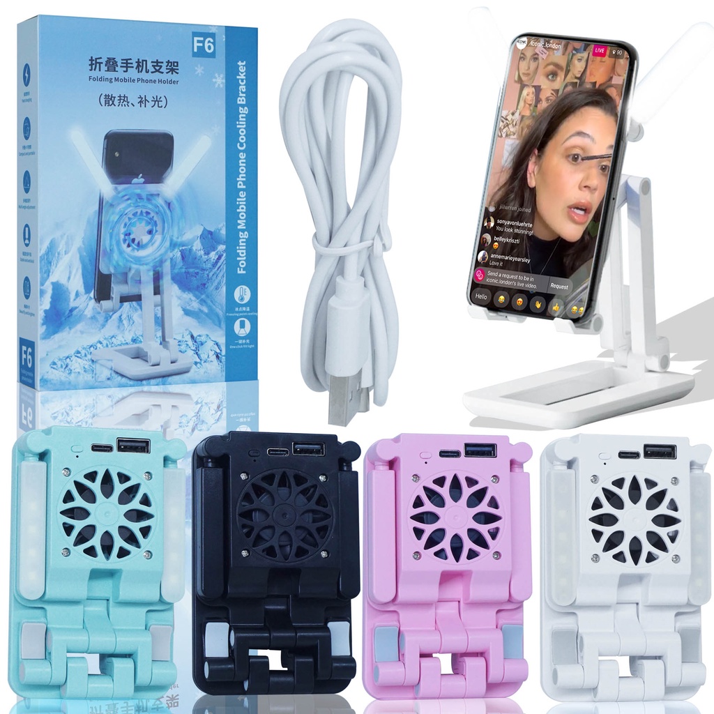 Folding Dekstop Cooling Bracket LED Stand Holder with Fan Pendingin HP di sertai Lampu Untuk Selfie  Dan Vlog