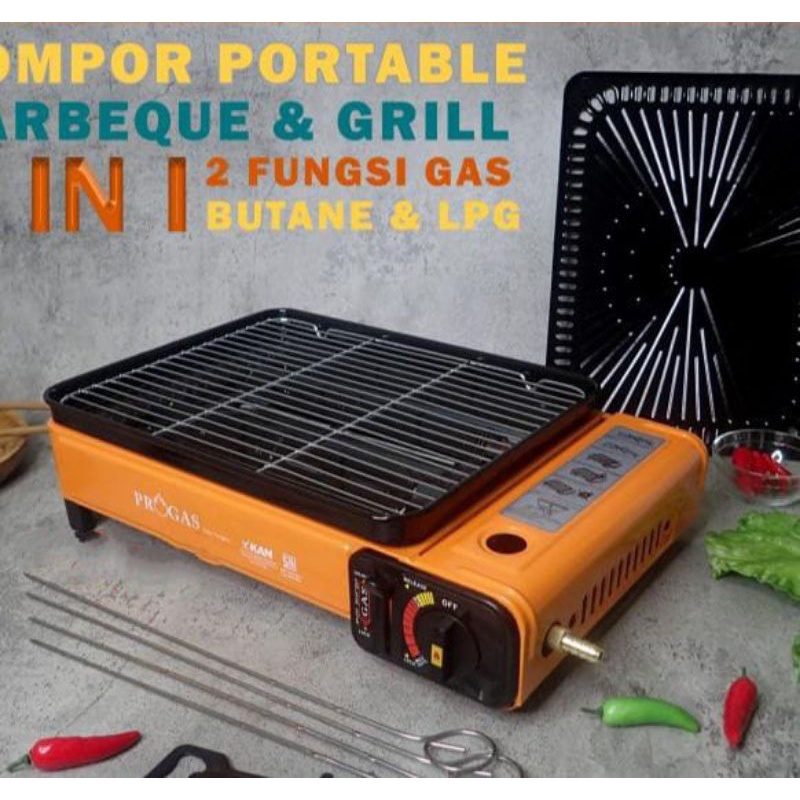 Progas . BBQ  Sate , Kompor Barbeque  , Grill 2in1 , Panggangan Portable