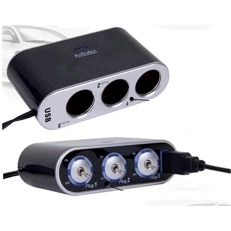 ON/OFF Mode 3 Port Extension Pemantik Rokok Colokan Socket 12V/24V Car Cigarette Lighter USB Power