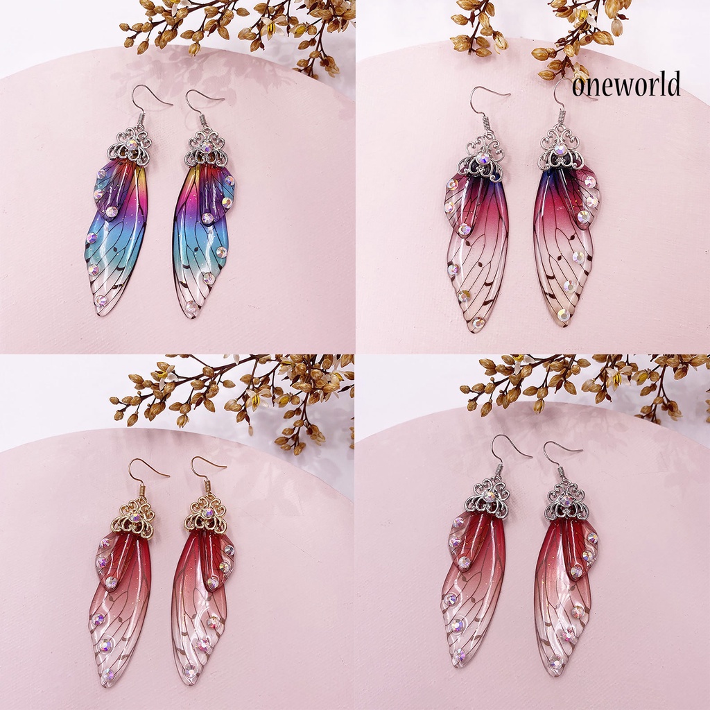 OW# Women Fashion Earrings Butterfly Wing Gradient Color Rhinestone Ear Hook Jewelry