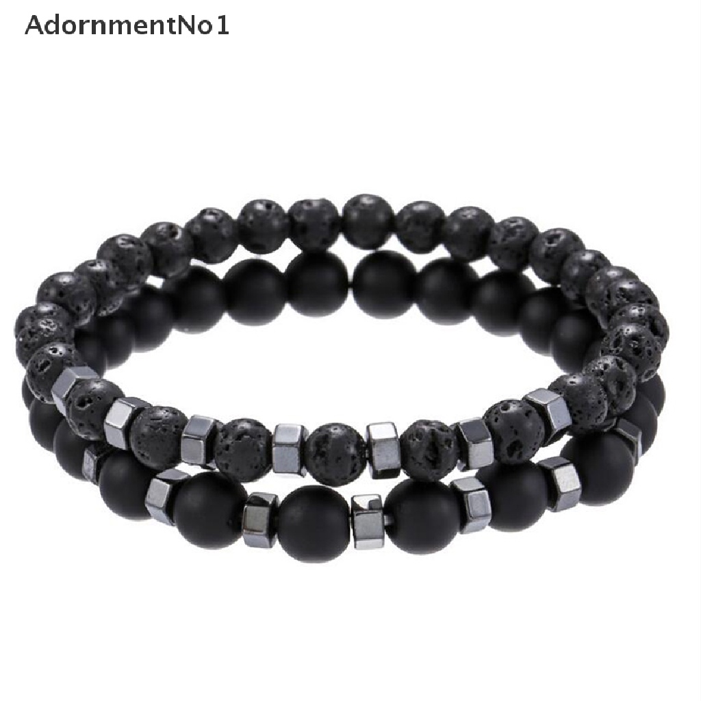 (AdornmentNo1) 2pcs / Set Gelang Manik Batu Lava Volkanik Alami Elastis Untuk Pria