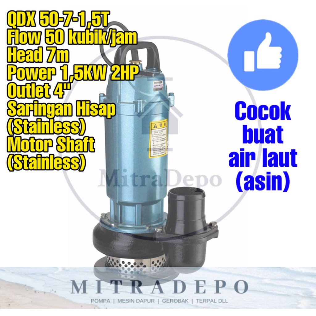 POMPA CELUP AIR LAUT ASIN HIFLOW QDX50-7-1,5T 1500W 2HP 4" (4INCH OUT)