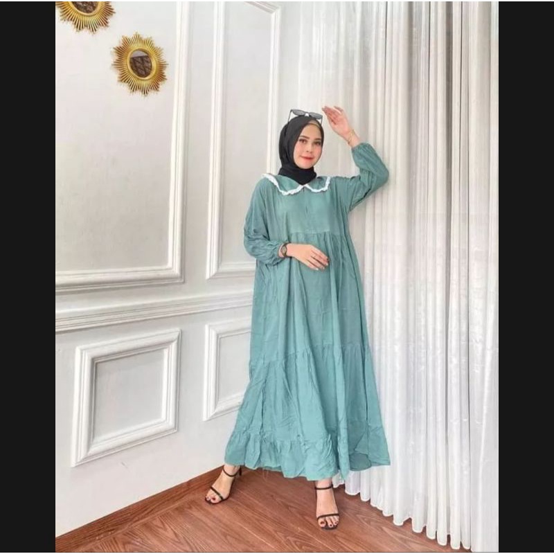 Midi Dress Kinan Renda Rayon Premium Long Tunik Busui Fashion Wanita Muslim Kekinian