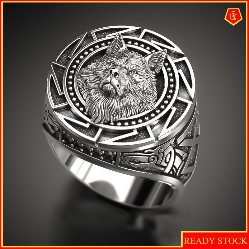 [Ready Stock]Men's High Profile Retro Wolf Totem Silver Ring