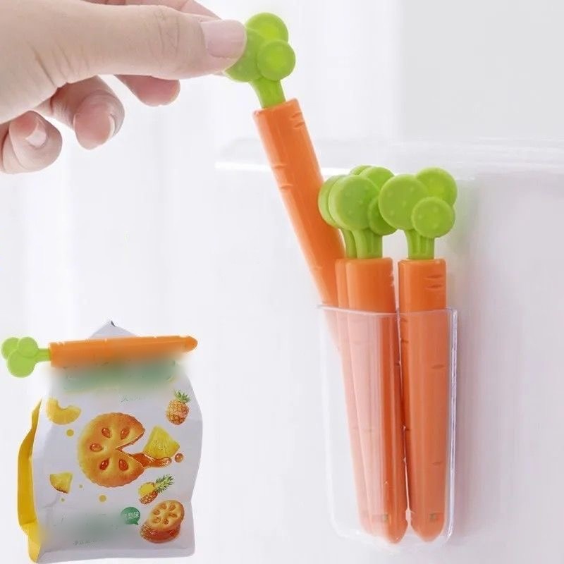 5Pcs/Set Carrot Shape Bag Clips With Magnet Storage Box / Household Snack Bread Bag Moisture-proof Clamps / Kitchen Accessories