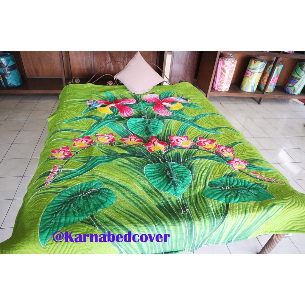 BALI Bedcover  BATIK BALI JARITAN BANYAK Motif Bunga Anggrek Kecil Warna Dasar Hijau Daun PREMIUM  D