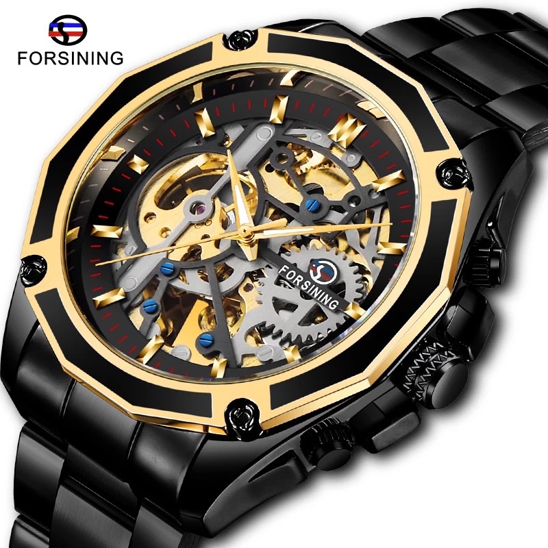 Jam Tangan Pria Forsining Original Mekanik Otomatis Bisnis Luxury Skeleton Black Stainless Steel