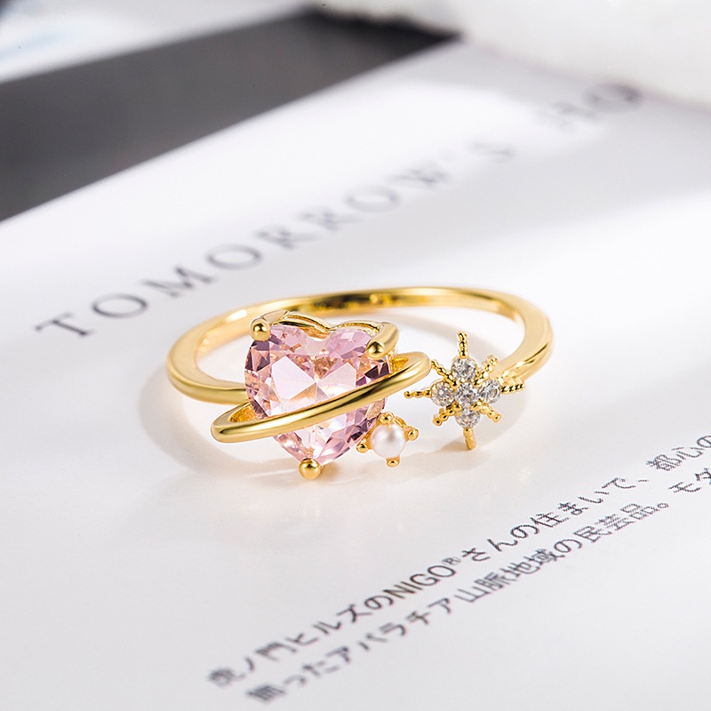 Cincin Model Terbuka Desain Hati Aksen Kristal Warna Pink Untuk Wanita