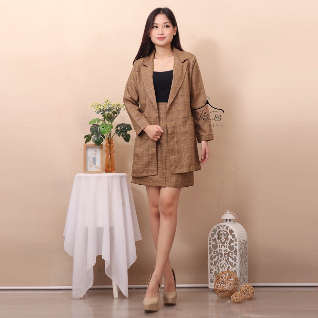 INSTORE88 - SETELAN ONE SET KOTAK 2IN1 BLAZER + MINI SKIRT/ROK PENDEK ZRA 281