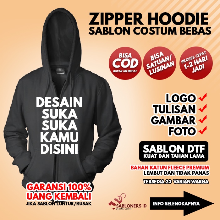 Baju Sweater Zipper Hoodie Resleting Sablon Custom Desain Sendiri Sablon Plastisol DTF Foto Gambar L