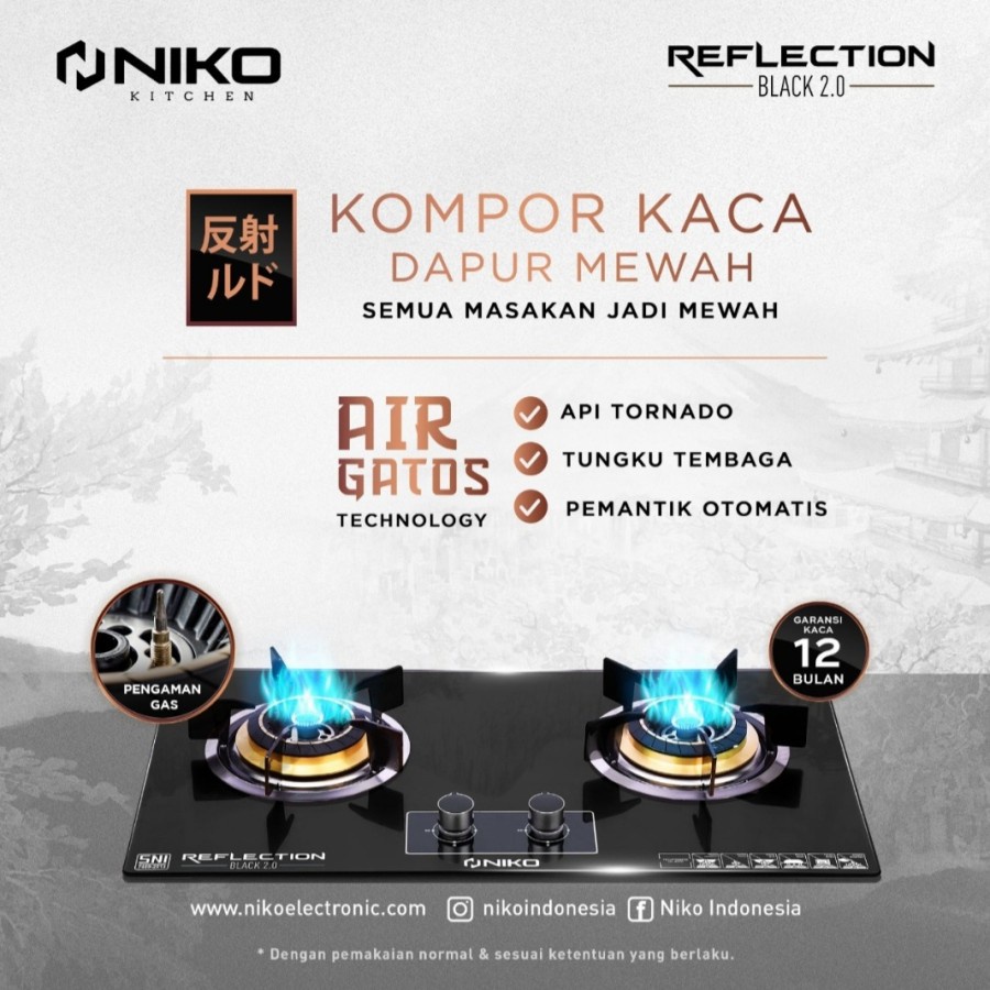 Niko Reflection Black 2.0 Kompor Gas 2 tungku Kaca Tampered Glass api tornado new model