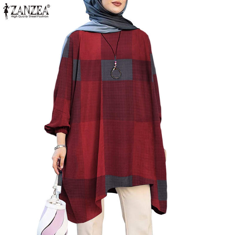 ZANZEA Women Grid Printed Muslim Casual Vintage Loose Full Sleeve Blouse