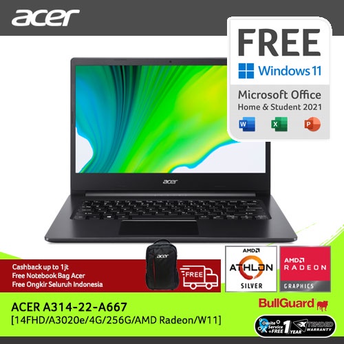 ACER ASPIRE 3 SLIM A314-22-A667 [14"FHD IPS/AMD ATHLON3020E/4GB/SSD 256GB/WINDOWS 11+OHS/BLK] NX.HVV