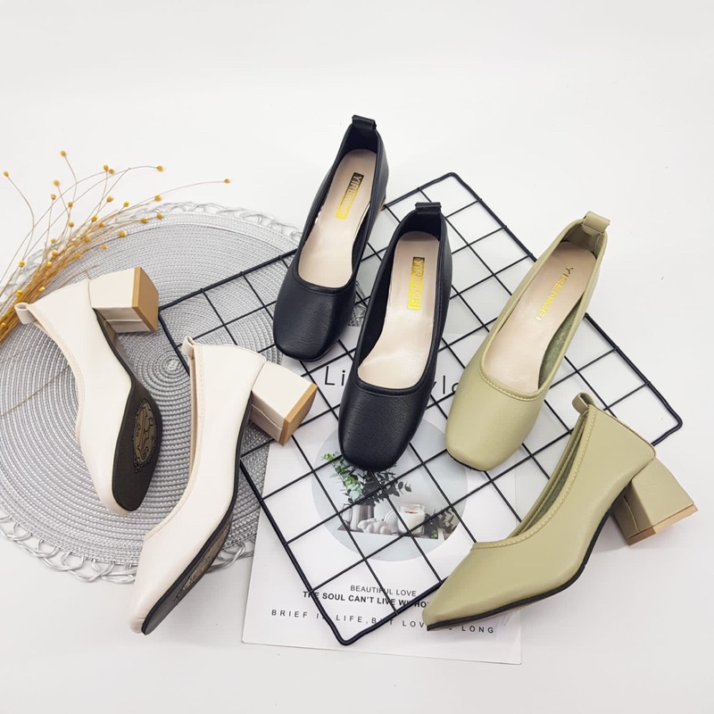 Chunky heels 5cm by Yirenmei Import high quality fashion shoes sepatu kulit wanita tumit tahu sepatu