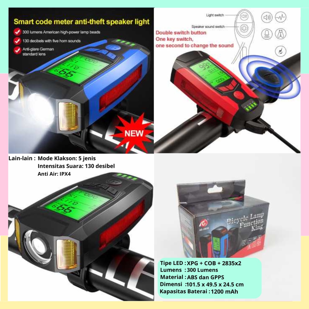 ANLOOK 4 in 1 Lampu Aksesoris Sepeda + Klakson + Speedometer Recharge 1200mAh