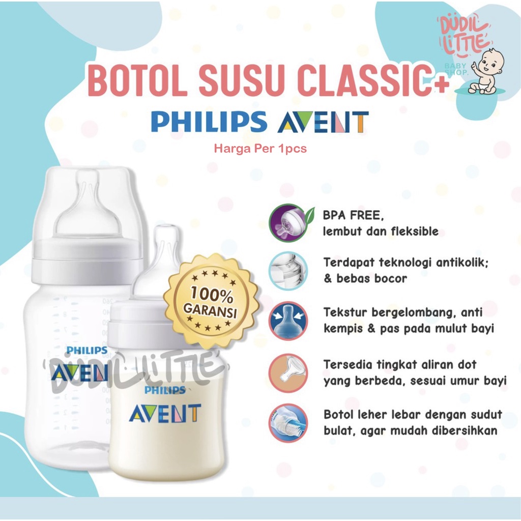 BOTOL SUSU DOT AVENT CLASSIC PLUS 125ml &amp; 260 ML BENING ANTI COLIC BISA COD