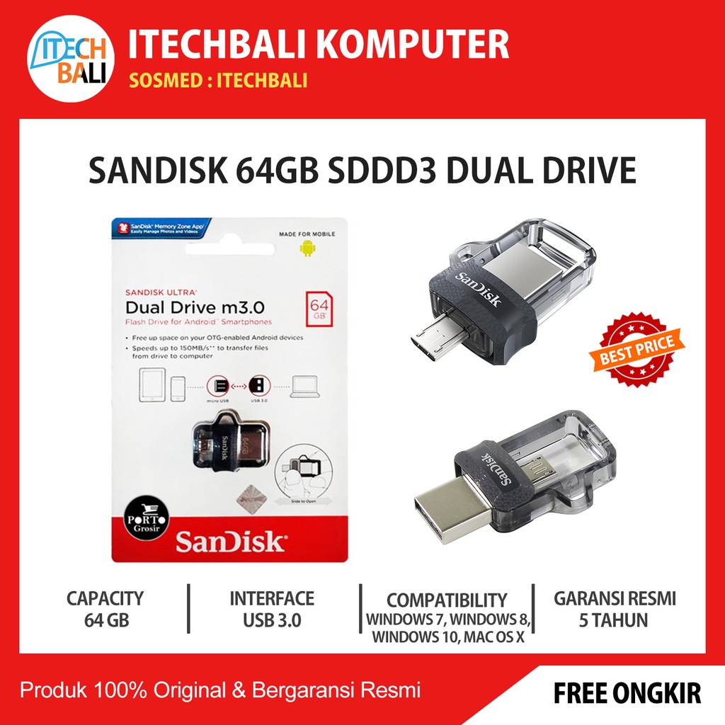 Flashdisk SANDISK 64GB SDDD3 OTG USB 3 Dual Drive Micro USB