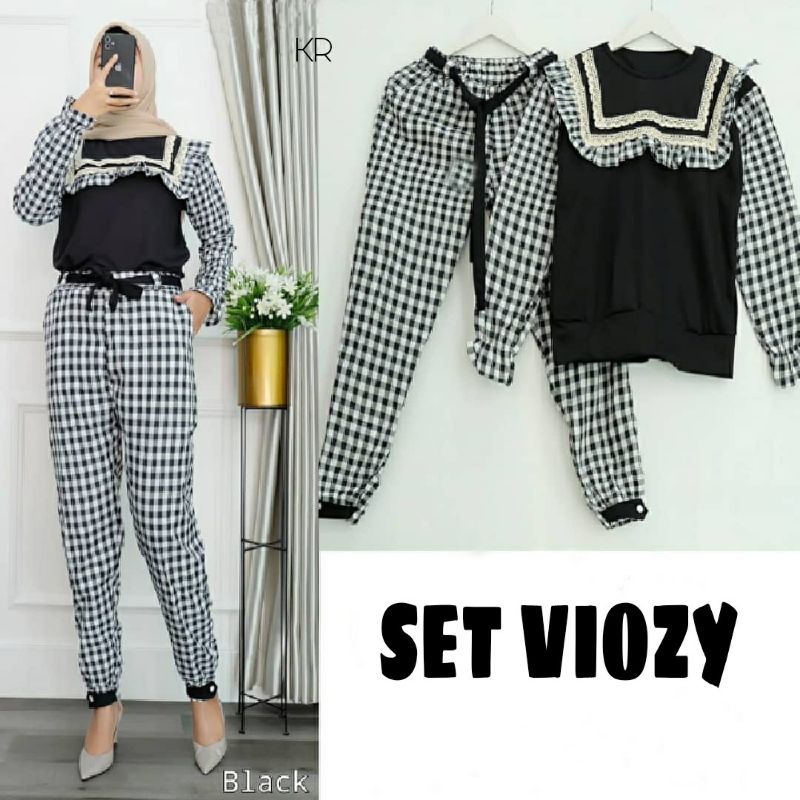 SET CELANA FASHION VIOZY KOTAK KID ANAK / DEWASA,  BABYTERRY KATUN, SETELAN, 2 UKURAN