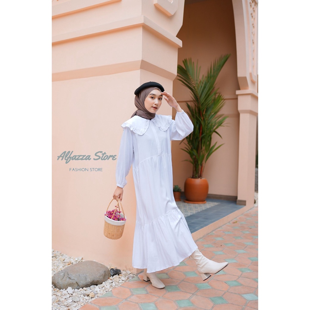 ALFAZZA STORE - NISA MIDI - MIDI DRESS - TERBARU - KERAH KUPU-KUPU - BIG SIZE - ALL SIZE - L - XL - FASHION WANITA - TERBARU - RAYON PREMIUM -  Dress Menyusui Motif Polos Rayon Crinkle Pakaian Muslim Wanita