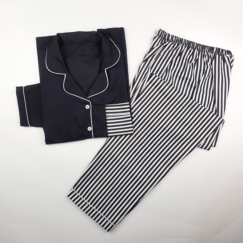 Stelan Baju Tidur Piyama Dewasa Lengan Panjang All Size Motif Lumina-PPL SALUR BLACK COMB
